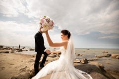 Stilvolle Hochzeitspaare, die auf Seeufer stehen Jungverm?hlten gehen durch das Meer stockfotos Stilvolle Hochzeitspaare, die auf Seeufer stehen Jungverm?hlten gehen durch das Meer stockfotos