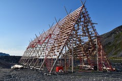 Stoccafisso che appende sullo scaffale di legno immagini stock Stoccafisso che appende sullo scaffale di legno immagini stock