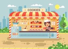 Vector illustration cartoon character child pupil, schoolgirl little seller girl manufactures baking cookies, cooking royalty free illustration Vector illustration cartoon character child pupil, schoolgirl little seller girl manufactures baking cookies, cooking royalty free illustration