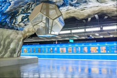 Moving train at Stockholm metro or tunnelbana station Tekniska H stock photo Moving train at Stockholm metro or tunnelbana station Tekniska H stock photo