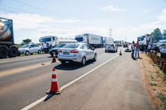 Stopped trucks on the highways for protest the diesel price incr Stock Image Stopped trucks on the highways for protest the diesel price incr Stock Image