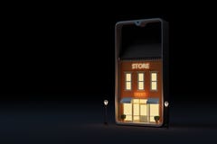 A 24/7 store inside a mobile phone at night. Concept of 24 hour online shopping.