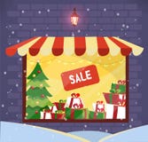 Storefront με την πώληση δώρων Χριστουγέννων στο χιονώδες βράδυ Πρόσοψη καταστημάτων Προθήκη φωτισμού με το ριγωτό θόλο στο τουβλ απεικόνιση αποθεμάτων Storefront με την πώληση δώρων Χριστουγέννων στο χιονώδες βράδυ Πρόσοψη καταστημάτων Προθήκη φωτισμού με το ριγωτό θόλο στο τουβλ απεικόνιση αποθεμάτων