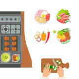 Stove, Cooked Dishes And Hands Of The Cook Cooking And Cutting Cucumber. Grill Cafe Kitchen Food Preparation Scene. royalty free illustration Stove, Cooked Dishes And Hands Of The Cook Cooking And Cutting Cucumber. Grill Cafe Kitchen Food Preparation Scene. royalty free illustration