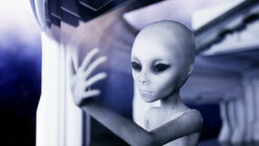 Straniero nella stanza futuristica mano che raggiunge fuori con il pianeta della terra Concetto futuristico del UFO Animazione ci Straniero nella stanza futuristica mano che raggiunge fuori con il pianeta della terra Concetto futuristico del UFO Animazione ci