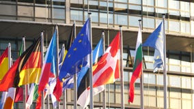 Flags of all members states waving European parliament