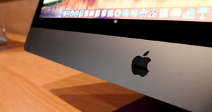 Apple Computers logotype logo on the front to the latest iMac Pro