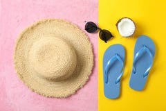 Straw Hat, Flip Flops, Sunglasses And Coconut On Two Tone Background, Space For Text And Top View. Summer Vacation Royalty Free Stock Photos