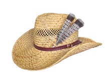 Straw Hat With Feathers Isolated On White. Stock Photos