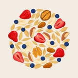 Strawberry blueberry walnut almond cereals. Heap of berries royalty free illustration Strawberry blueberry walnut almond cereals. Heap of berries royalty free illustration
