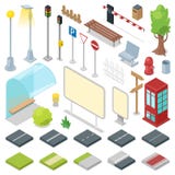 Straßenvektor-Stadtstraßen mit Ampel und Bushaltestelle Illustration des isometrischen Parks mit Bank und Straßenbeleuchtung here stock abbildung Straßenvektor-Stadtstraßen mit Ampel und Bushaltestelle Illustration des isometrischen Parks mit Bank und Straßenbeleuchtung here stock abbildung