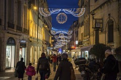 Street in central Montpellier with Christmas Decorations, France royalty free stock photos Street in central Montpellier with Christmas Decorations, France royalty free stock photos