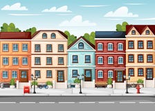 Street with colorful houses fire hydrant lights bench red mailbox and bushes in vases cartoon style vector illustration website pa