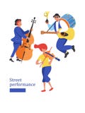 Street musician. Man band, violinist, bass player. Street performance. Vector illustration in flat style. royalty free illustration Street musician. Man band, violinist, bass player. Street performance. Vector illustration in flat style. royalty free illustration