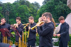 Performance of the ensemble of wind music on the streets of St. Petersburg royalty free stock images Performance of the ensemble of wind music on the streets of St. Petersburg royalty free stock images