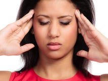 Stressed young woman worried girl suffering from head pain isolated on white. Headache and migraine. stock images Stressed young woman worried girl suffering from head pain isolated on white. Headache and migraine. stock images