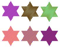 Striped stars with six points or hexagram in different colors