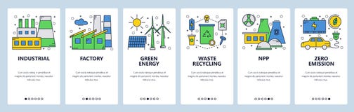 Strona internetowa onboarding ekrany Zieleń i energia odnawialna Elektrownia i zero emisji Menu sztandaru wektorowy szablon royalty ilustracja Strona internetowa onboarding ekrany Zieleń i energia odnawialna Elektrownia i zero emisji Menu sztandaru wektorowy szablon royalty ilustracja