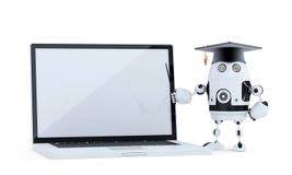 Student robot with pointer and laptop. . Contains clippig path of robot and laptop screen stock illustration Student robot with pointer and laptop. . Contains clippig path of robot and laptop screen stock illustration