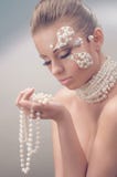 Studio beauty portrait with pearl necklace stock photos Studio beauty portrait with pearl necklace stock photos