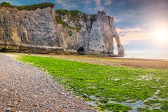 Stunning mossy beach and magical sunset near Etretat, Normandy, France stock photos Stunning mossy beach and magical sunset near Etretat, Normandy, France stock photos