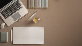 Stylish minimal office table desk. Workspace with laptop, notebook, pencils, coffee cup and sample color palette on dark beige bac vector illustration Stylish minimal office table desk. Workspace with laptop, notebook, pencils, coffee cup and sample color palette on dark beige bac vector illustration