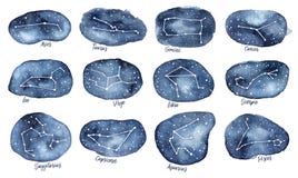 Ställ in allra 12 zodiaktecken som konstellationer i den mörka stjärnklara himlen stock illustrationer Ställ in allra 12 zodiaktecken som konstellationer i den mörka stjärnklara himlen stock illustrationer