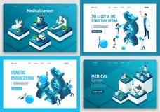 Ställ in av att landa sidor av det isometriska begreppet Forskare forskar DNAstrukturen, sjukhuset, medicinska arbetare royaltyfri illustrationer Ställ in av att landa sidor av det isometriska begreppet Forskare forskar DNAstrukturen, sjukhuset, medicinska arbetare royaltyfri illustrationer
