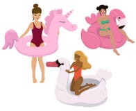 Ställ in av flickor med den uppblåsbara enhörningen, flamingo, svan Lyck?nsknings- kort, affischen, etc Vektorn avbildar isolerat royaltyfri illustrationer Ställ in av flickor med den uppblåsbara enhörningen, flamingo, svan Lyck?nsknings- kort, affischen, etc Vektorn avbildar isolerat royaltyfri illustrationer