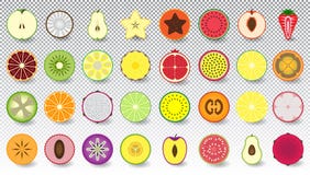 Ställ in av symboler nya och färgrika frukter och bär som klipps i halvan som isoleras royaltyfri illustrationer Ställ in av symboler nya och färgrika frukter och bär som klipps i halvan som isoleras royaltyfri illustrationer