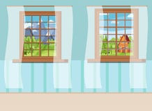 Ställ in av tecknad filmträfönstersikt med vita gardiner i plan stil vektor illustrationer Ställ in av tecknad filmträfönstersikt med vita gardiner i plan stil vektor illustrationer