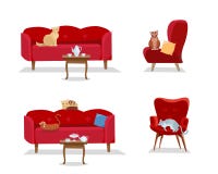 Ställ in - 5 katter sitter på röda bekväma soffor och mjuka märkes- fåtöljer på vit bakgrund Katten sitter och ligger Möblemang stock illustrationer Ställ in - 5 katter sitter på röda bekväma soffor och mjuka märkes- fåtöljer på vit bakgrund Katten sitter och ligger Möblemang stock illustrationer