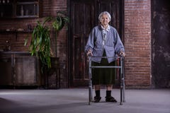 Stående av den höga kvinnan med den hemmastadda fotgängaren royaltyfria foton Stående av den höga kvinnan med den hemmastadda fotgängaren royaltyfria foton