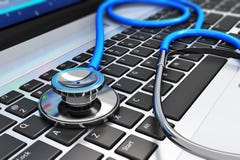 Stéthoscope sur le clavier d'ordinateur portable illustration stock Stéthoscope sur le clavier d'ordinateur portable illustration stock