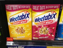 Subang Jaya, Malaysia - 20 February 2021 : Boxed of WEETABIX Crispy Minis Flavour display for sell on the supermarket shelf