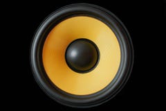 Subwoofer Dynamic Membrane Or Sound Speaker Isolated On Black Background, Yellow Hi-Fi Loudspeaker Close Up Stock Images Subwoofer Dynamic Membrane Or Sound Speaker Isolated On Black Background, Yellow Hi-Fi Loudspeaker Close Up Stock Images