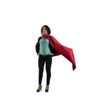 Successful businesswoman acts like a super hero. isolated on white background royalty free stock photography Successful businesswoman acts like a super hero. isolated on white background royalty free stock photography