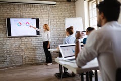 Succesvolle gelukkige groep die mensen softwaretechnologie en zaken leren tijdens presentatie royalty-vrije stock afbeeldingen Succesvolle gelukkige groep die mensen softwaretechnologie en zaken leren tijdens presentatie royalty-vrije stock afbeeldingen