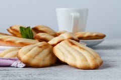 Suiker gepoederde madeleines met koffie en citroen Selectieve nadruk Royalty-vrije Stock Afbeelding Suiker gepoederde madeleines met koffie en citroen Selectieve nadruk Royalty-vrije Stock Afbeelding