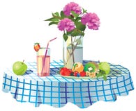 Sulla tavola è un vaso dei fiori, di un piatto di frutta e di un succo dentro illustrazione vettoriale Sulla tavola è un vaso dei fiori, di un piatto di frutta e di un succo dentro illustrazione vettoriale