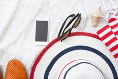 Summer accessories hat and bag on white wooden background. Royalty Free Stock Photo Summer accessories hat and bag on white wooden background. Royalty Free Stock Photo