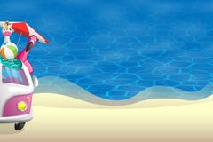 Summer background - view in front of sandy beach with pink camper van on left side stock illustration Summer background - view in front of sandy beach with pink camper van on left side stock illustration