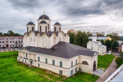 Summer birds eye view of Yaroslav Courtyard - St Nicholas Cathedral and St Procopius Church, Veliky Novgorod, Russia. Royalty Free Stock Photo Summer birds eye view of Yaroslav Courtyard - St Nicholas Cathedral and St Procopius Church, Veliky Novgorod, Russia. Royalty Free Stock Photo
