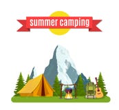 Summer camp. Landscape with yellow tent, royalty free illustration Summer camp. Landscape with yellow tent, royalty free illustration