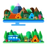 Summer camping in forest and mountains, vector flat style illustration. Adventures, travel and eco tourism concept. vector illustration Summer camping in forest and mountains, vector flat style illustration. Adventures, travel and eco tourism concept. vector illustration
