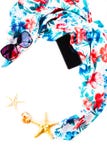 Summer composition - beach scarf of flowers, pareo, sunglasses, mobile phone, shell, sea stars isolated on a white stock photos Summer composition - beach scarf of flowers, pareo, sunglasses, mobile phone, shell, sea stars isolated on a white stock photos