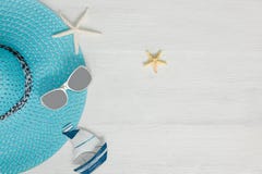 Summer Fashion Woman Blue Big Hat. Tropical Sea. Unusual Top View, White Background. Royalty Free Stock Photos Summer Fashion Woman Blue Big Hat. Tropical Sea. Unusual Top View, White Background. Royalty Free Stock Photos