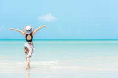 Summer Holiday. Lifestyle woman chill holding big white hat and wearing bikini fashion summer trips walking on the sandy ocean bea royalty free stock photo Summer Holiday. Lifestyle woman chill holding big white hat and wearing bikini fashion summer trips walking on the sandy ocean bea royalty free stock photo