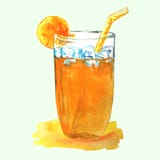 Summer orange cocktail with a glass beaker, ice, an orange slice and a straw. stock illustration Summer orange cocktail with a glass beaker, ice, an orange slice and a straw. stock illustration