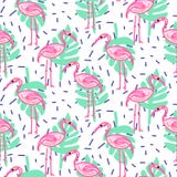 Summer pop art flamingo and palm tropic branches seamless pattern. vector illustration Summer pop art flamingo and palm tropic branches seamless pattern. vector illustration